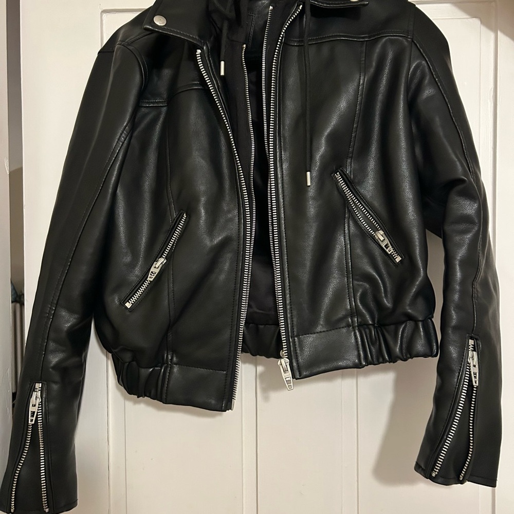 BlankNYC Black Leather Jacket with Detachable Hood